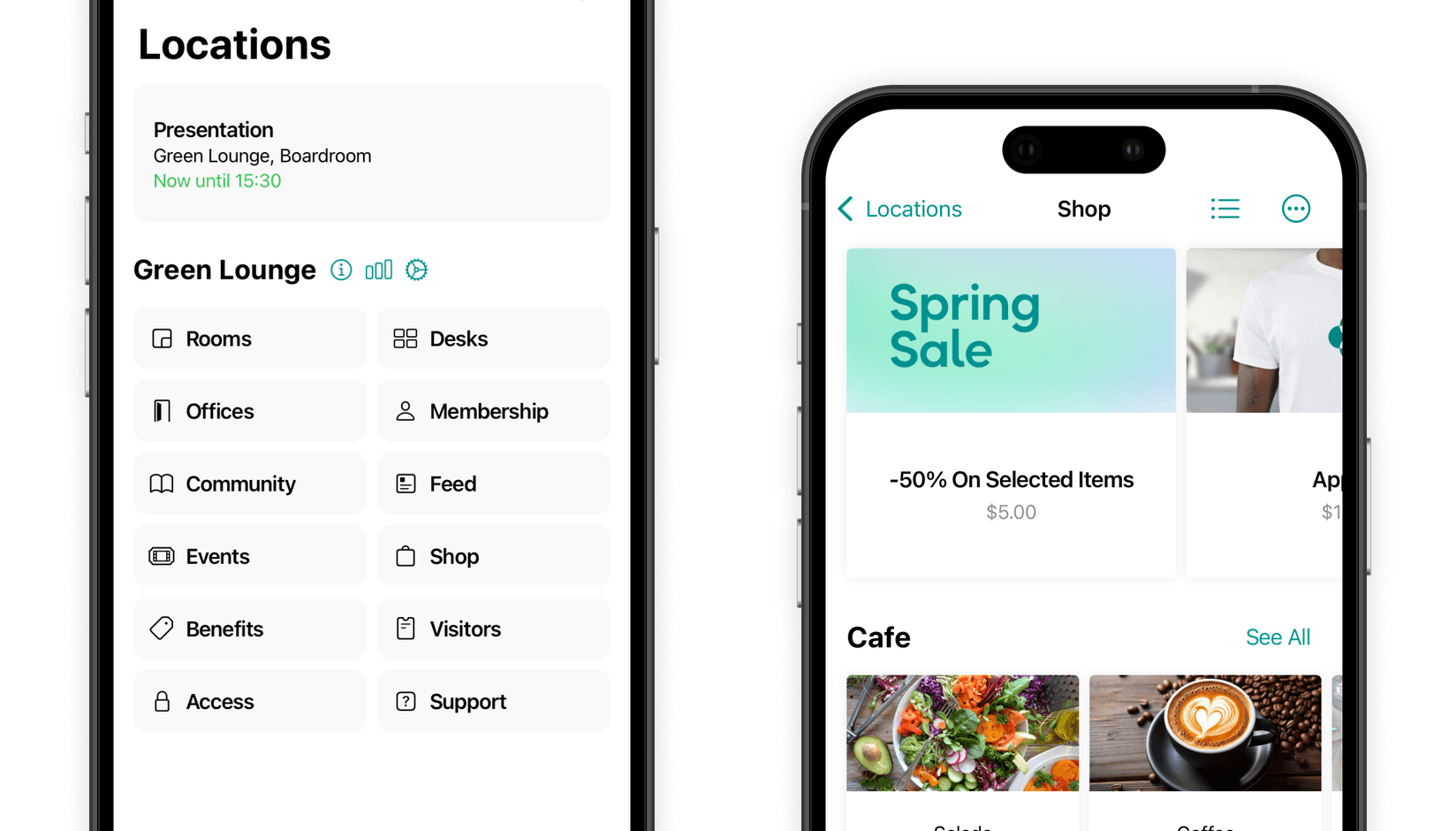 Main menu and Shop on Spacebring coworkig space app