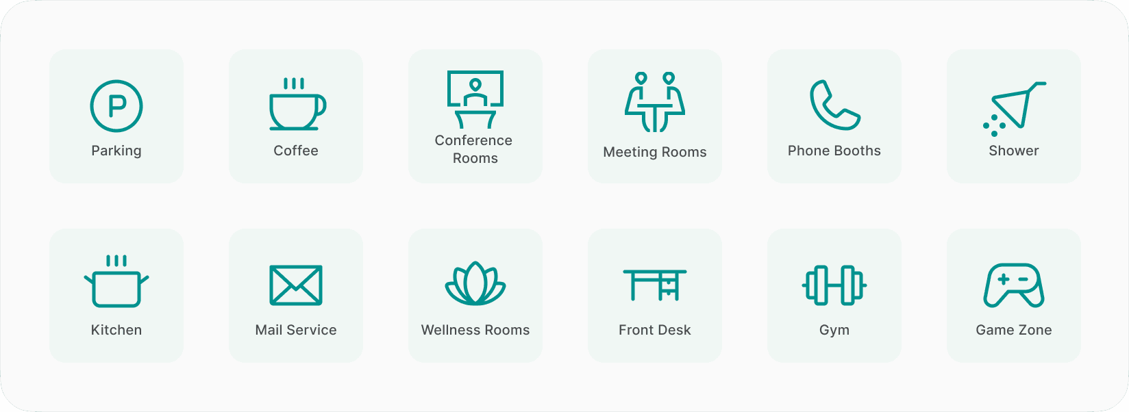 Grid of coworking space amenities including parking, coffee, conference rooms, meeting rooms, phone booths, shower, kitchen, mail service, wellness rooms, front desk, gym, and game zone.