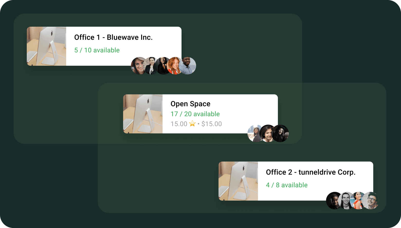 Availability of desks at a coworking space by office and in the open space on Spacebring coworking space software