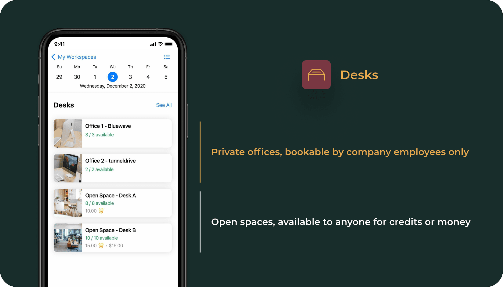 Desks in private offices and in the open space displayed on Spacebring coworking space app