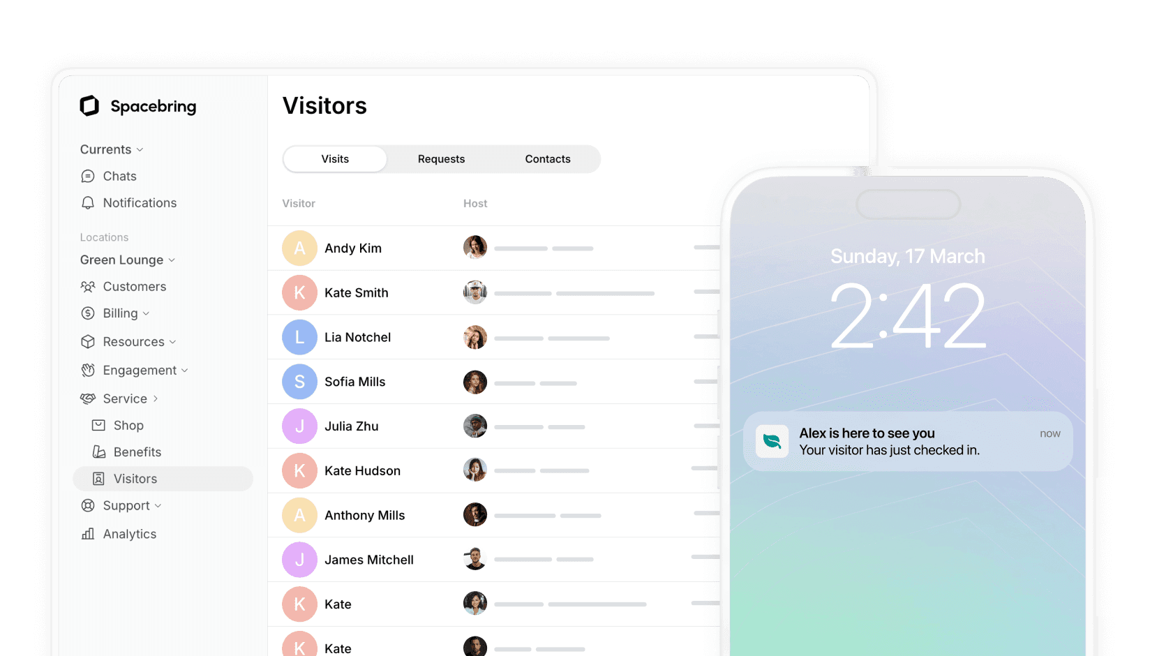andcards visitor management system for coworking spaces - scheduled visits list and in-app host notification about guest arrival