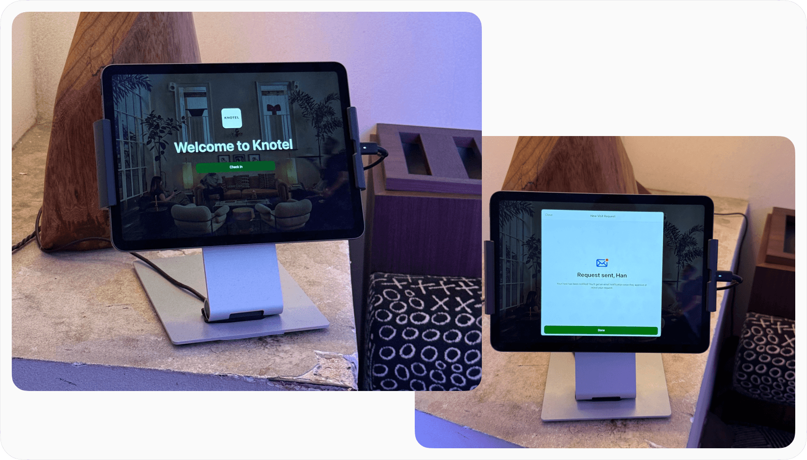 Coworking space visitor check-in tablet showing digital reception and host notification flow