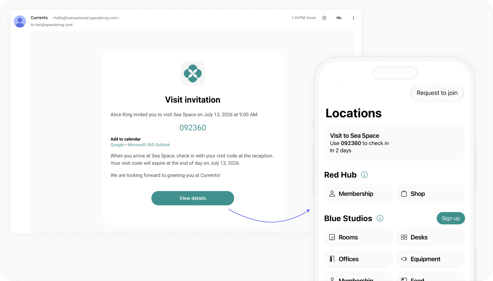 Email visit invitation with a check-in code beside a mobile screen showing where the visitor can use it in the Currents app.