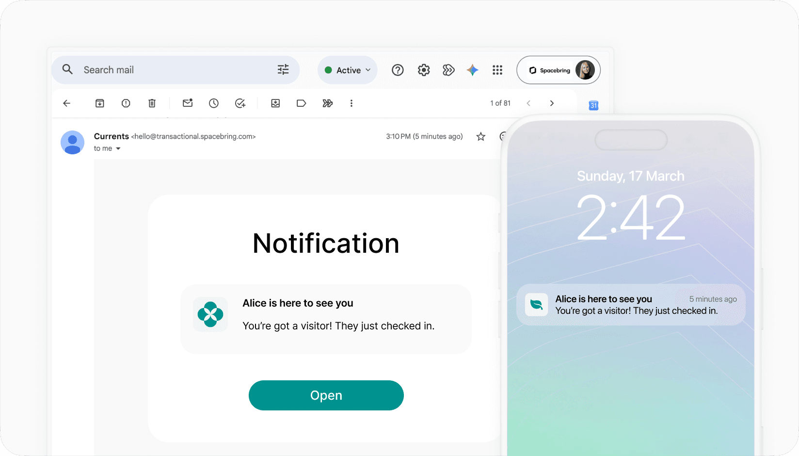 Spacebring visitor arrival notification shown in both email and mobile push formats, with a message that Alice has checked in and is here to see you.