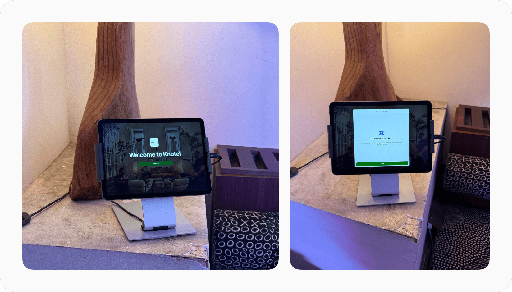 Reception tablet showing a coworking visitor check-in flow, including the welcome screen and confirmation screen.
