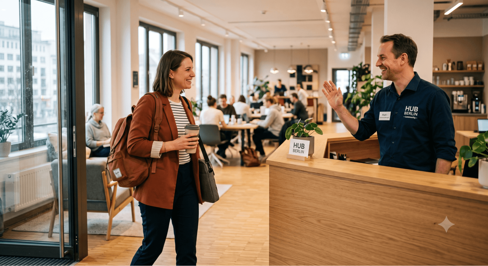 Smiling receptionist greeting a coworking space visitor warmly.