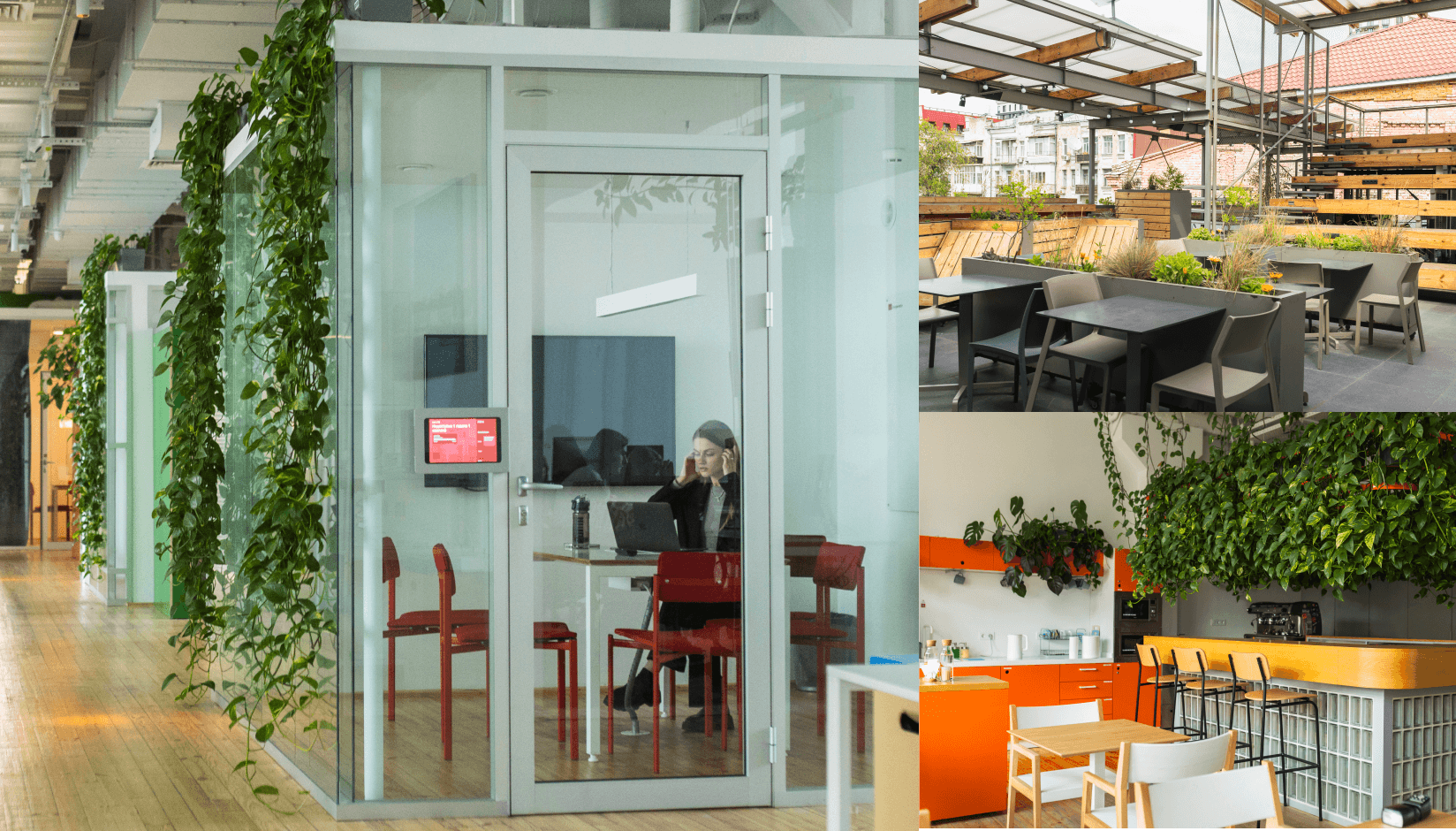 Kooperativ workspace interiors featuring a private meeting booth, outdoor terrace seating, and a bright café area with greenery.
