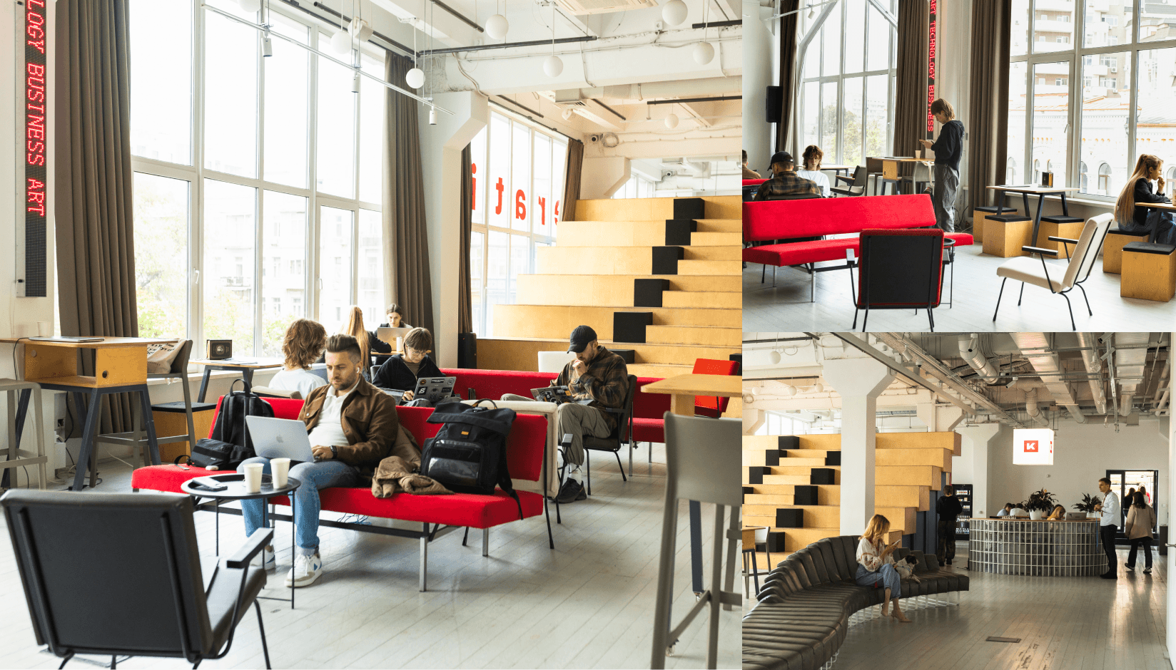 Coworking space interior at Kooperativ in Kyiv, with members working and relaxing in a bright lounge area with large windows, red seating, and tiered wooden stairs.