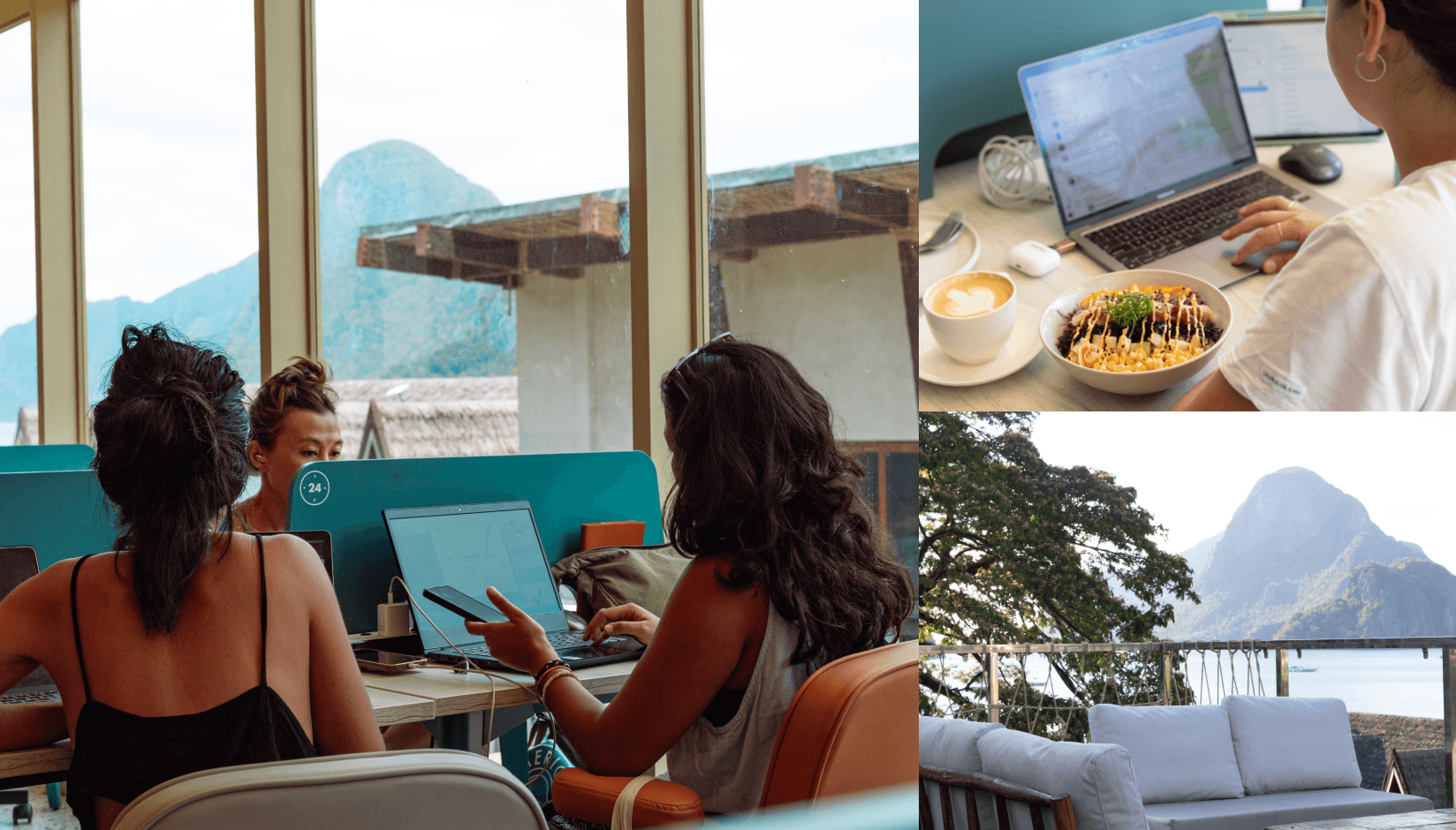 Coworkers working with ocean and mountain views at Neighbors & Nomads in El Nido, with scenes of the workspace, café-style setup, and lounge area.