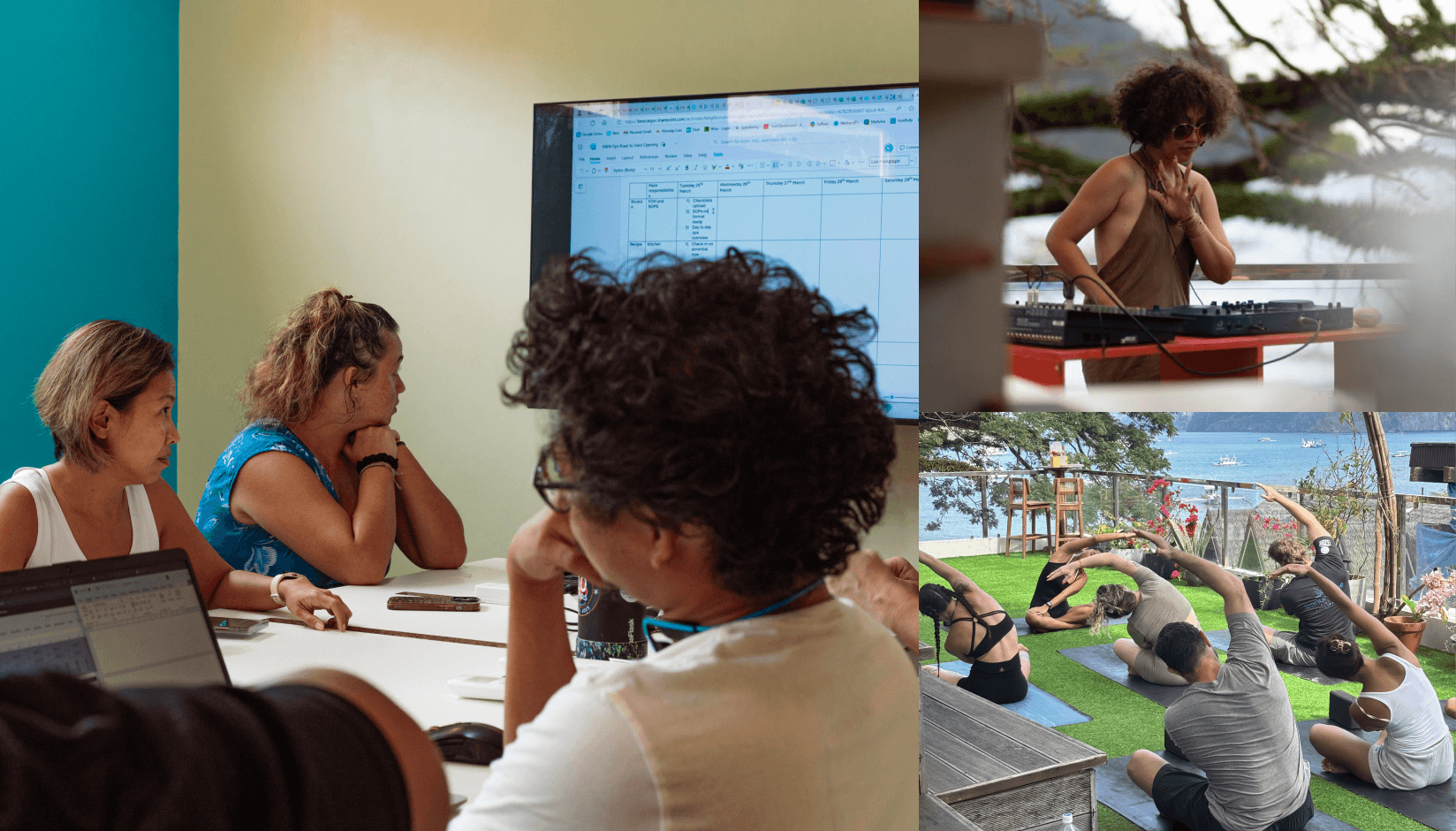 Community members at Neighbors & Nomads in El Nido collaborating indoors, with scenes of a rooftop DJ set and a wellness session overlooking the sea.