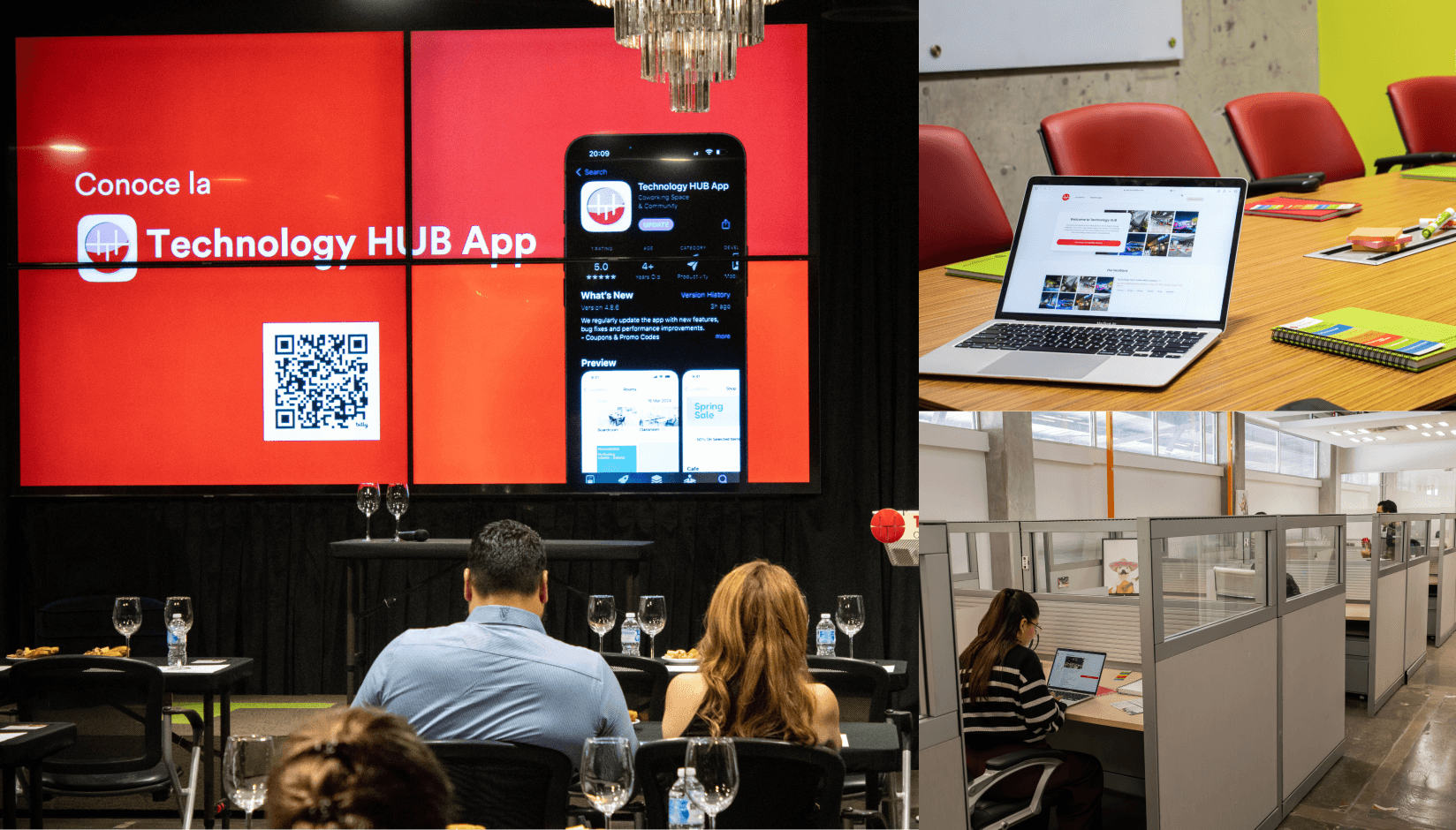 Technology HUB team showcasing its branded app and workspace experience across bookings, member services, and daily operations.