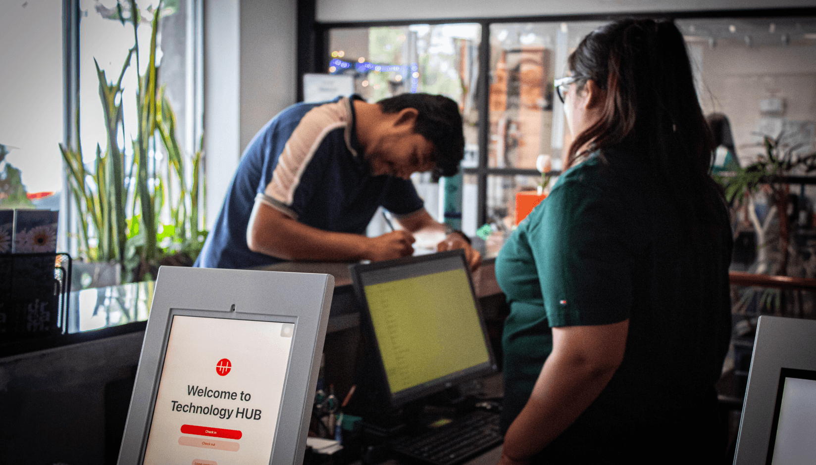 Visitor check-in at Technology HUB using Spacebring’s guest registration system for a smoother front-desk experience.