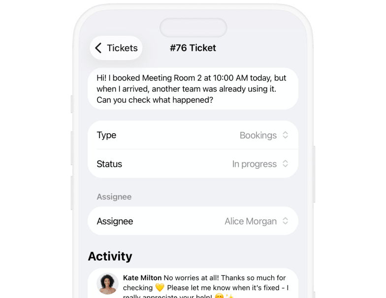 Support tickets at Spacebring admin mobile app