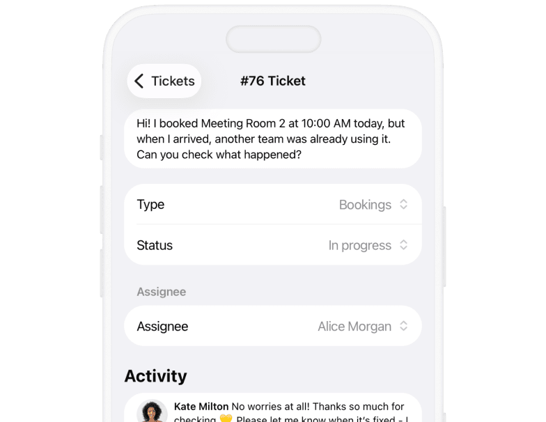 Support tickets at Spacebring admin mobile app