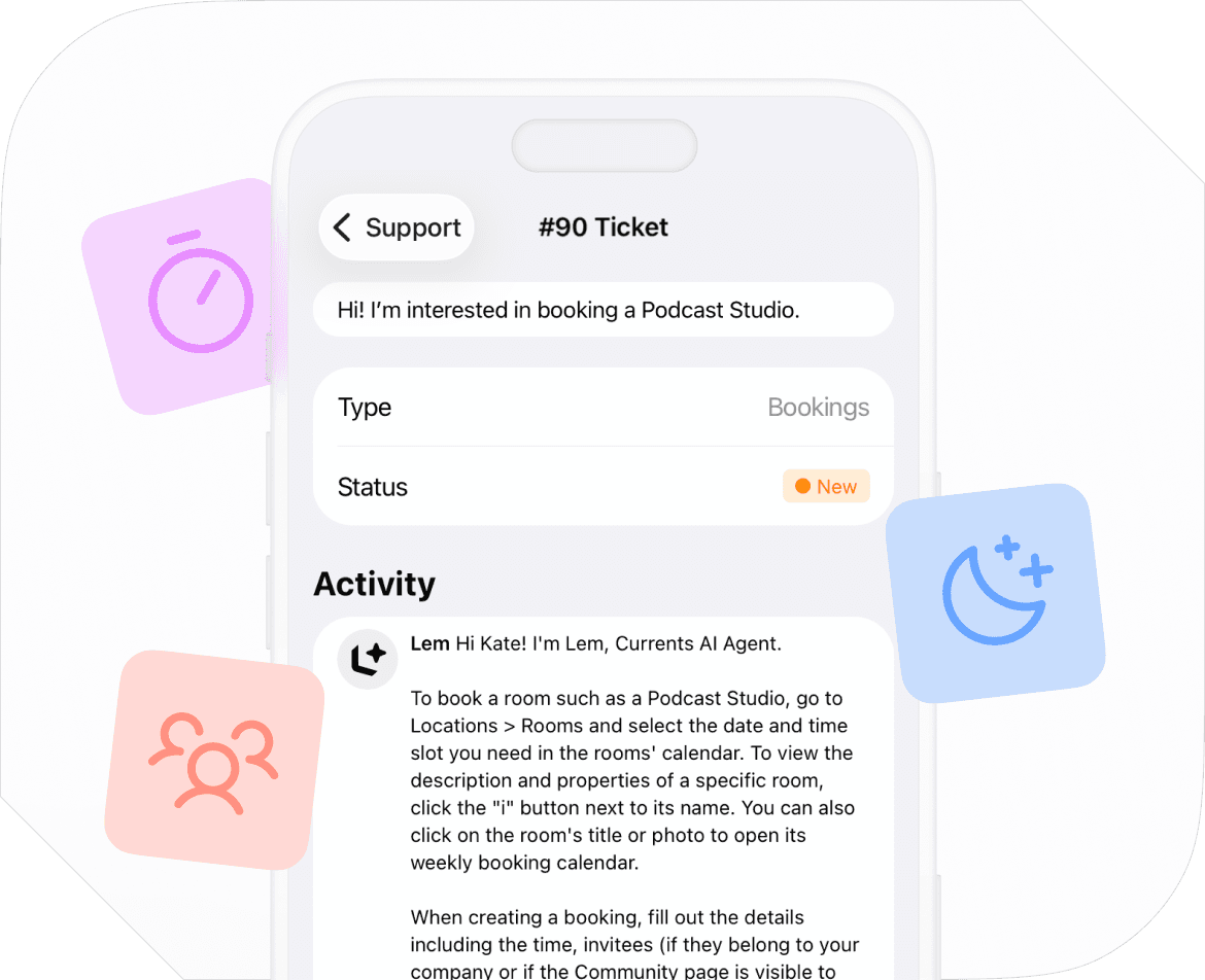A screenshot of the Spacebring interface showing Lem AI automatically generating a response to a member's support ticket.