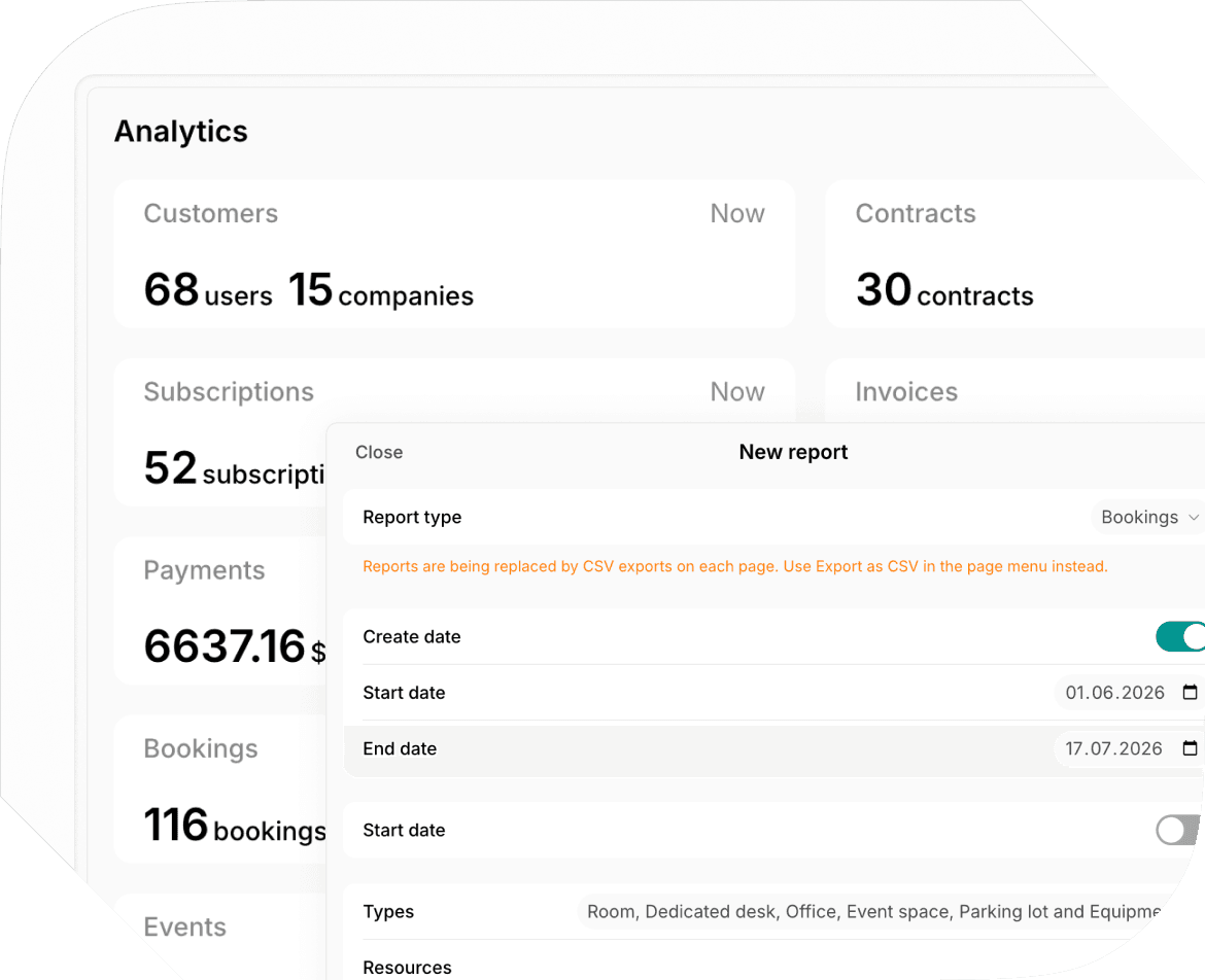 Custom reports on Spacebring coworking space management software analytics