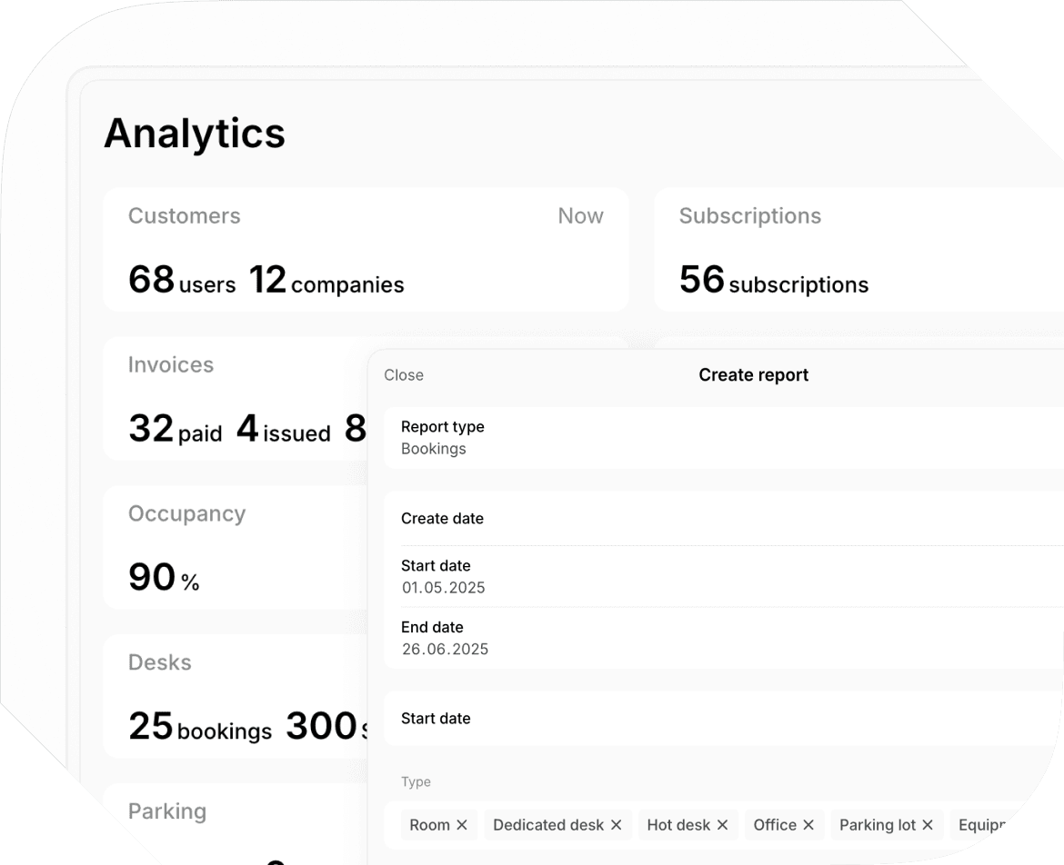 Custom reports on Spacebring coworking space management software analytics