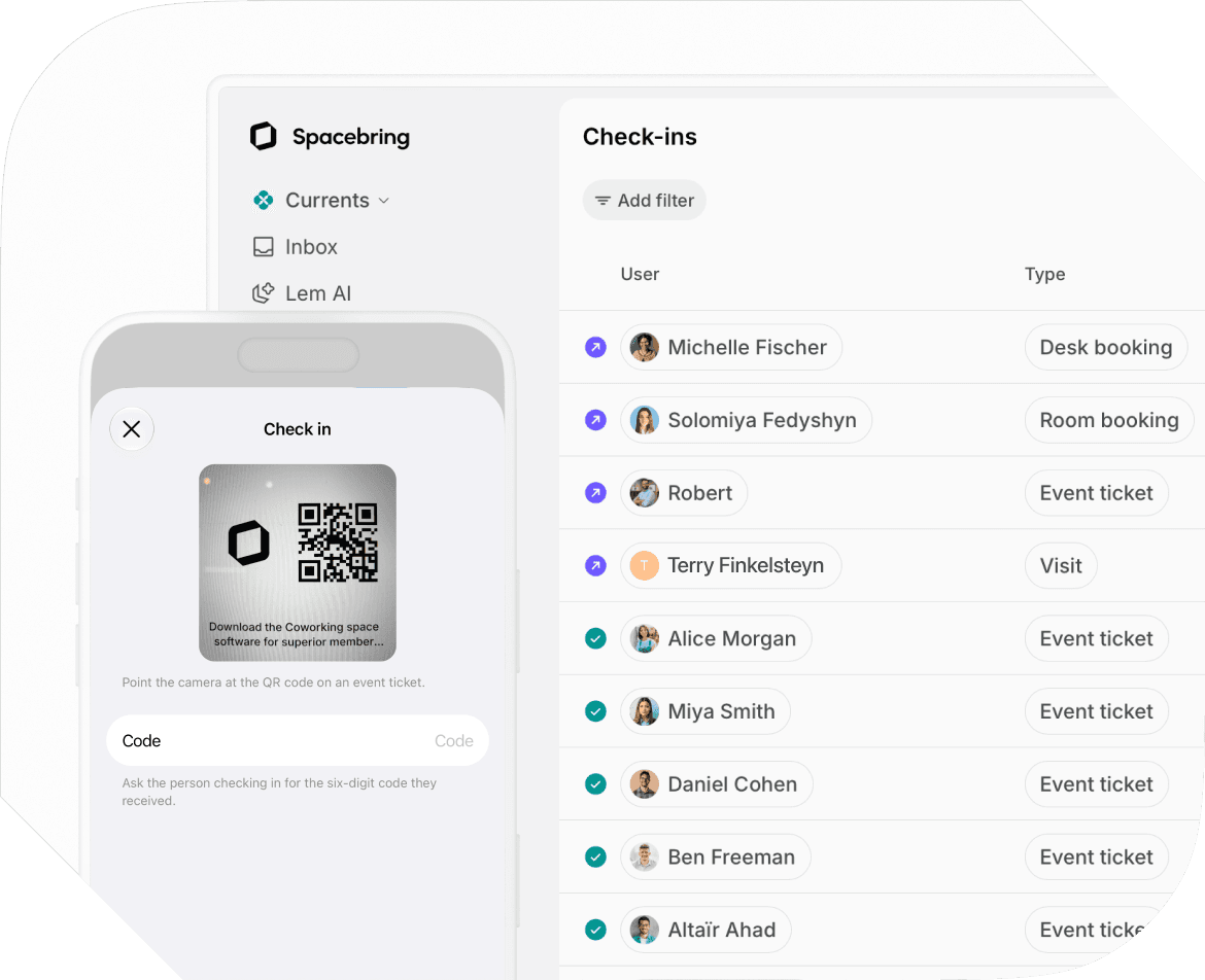 Check-ins in the Spacebring admin web portal and QR check-in on admin mobile