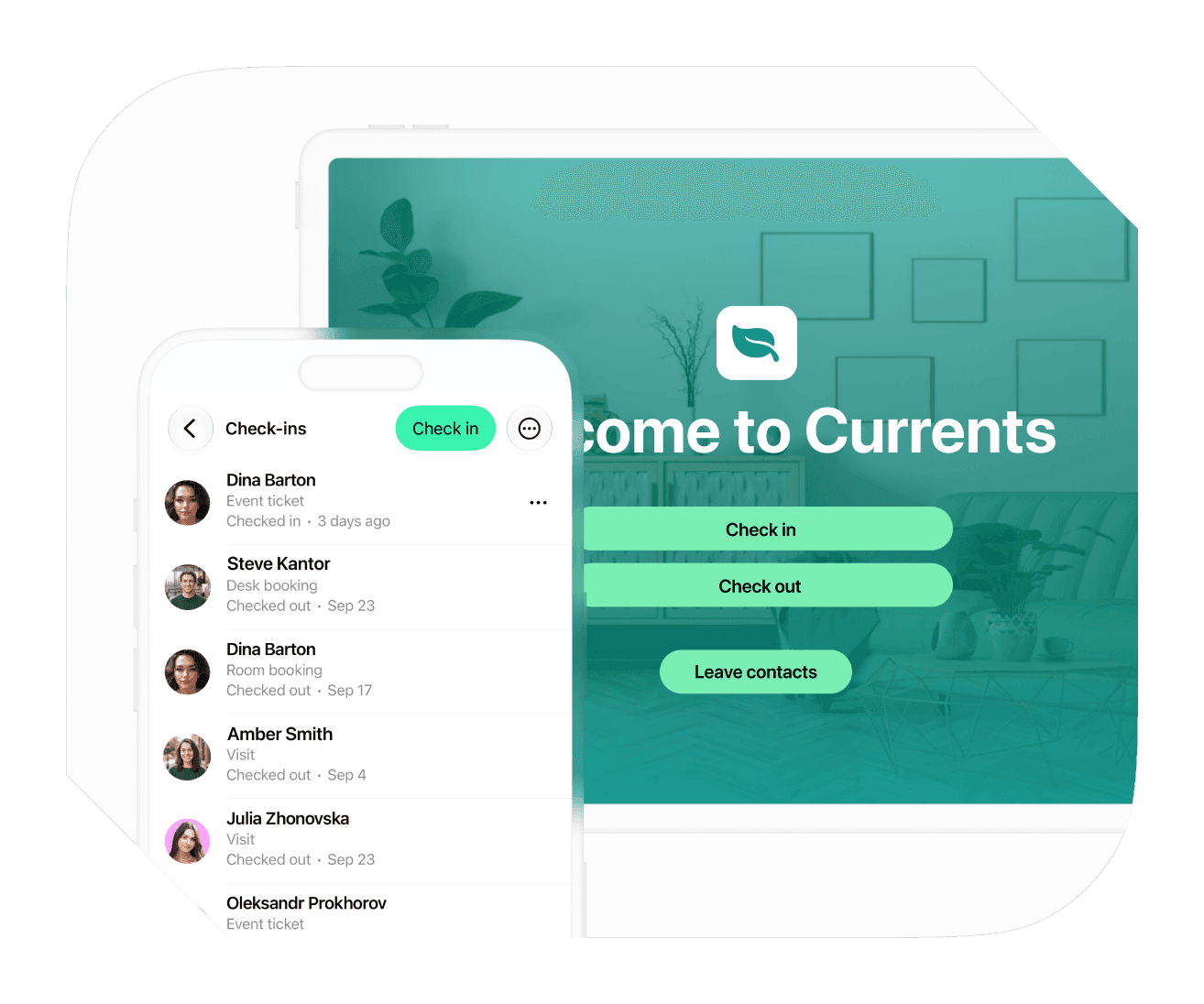 Reception check-in tablet and Check-ins list on admin mobile