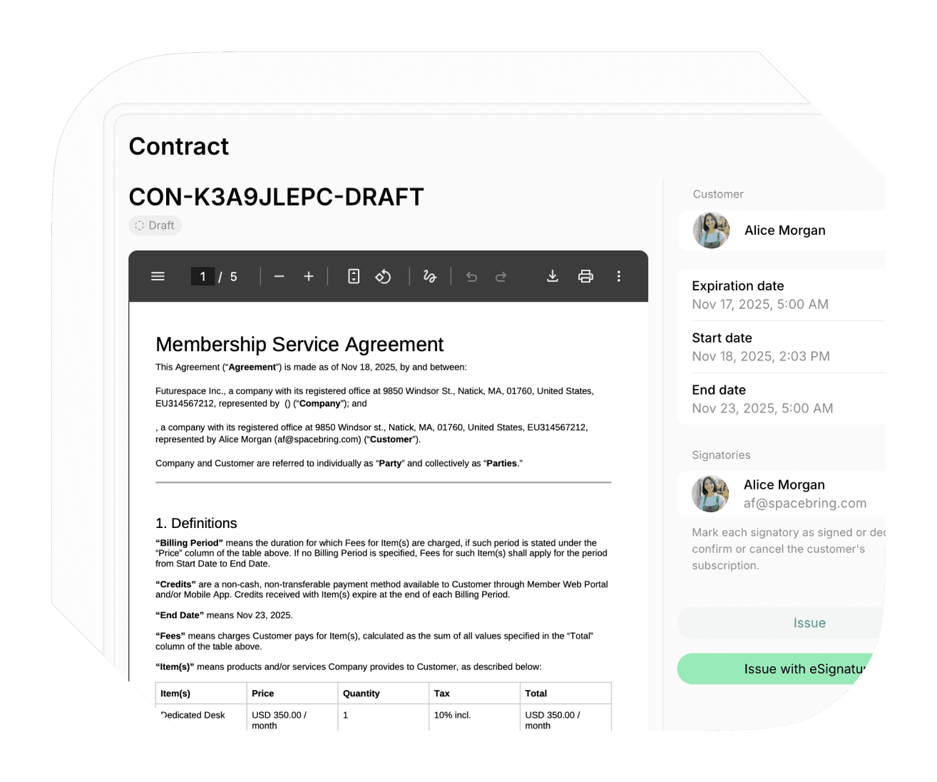 Signing the contract on Spacebring coworking space management software