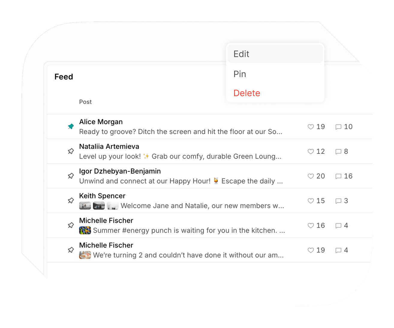 Feed curation on Spacebring coworking space management software