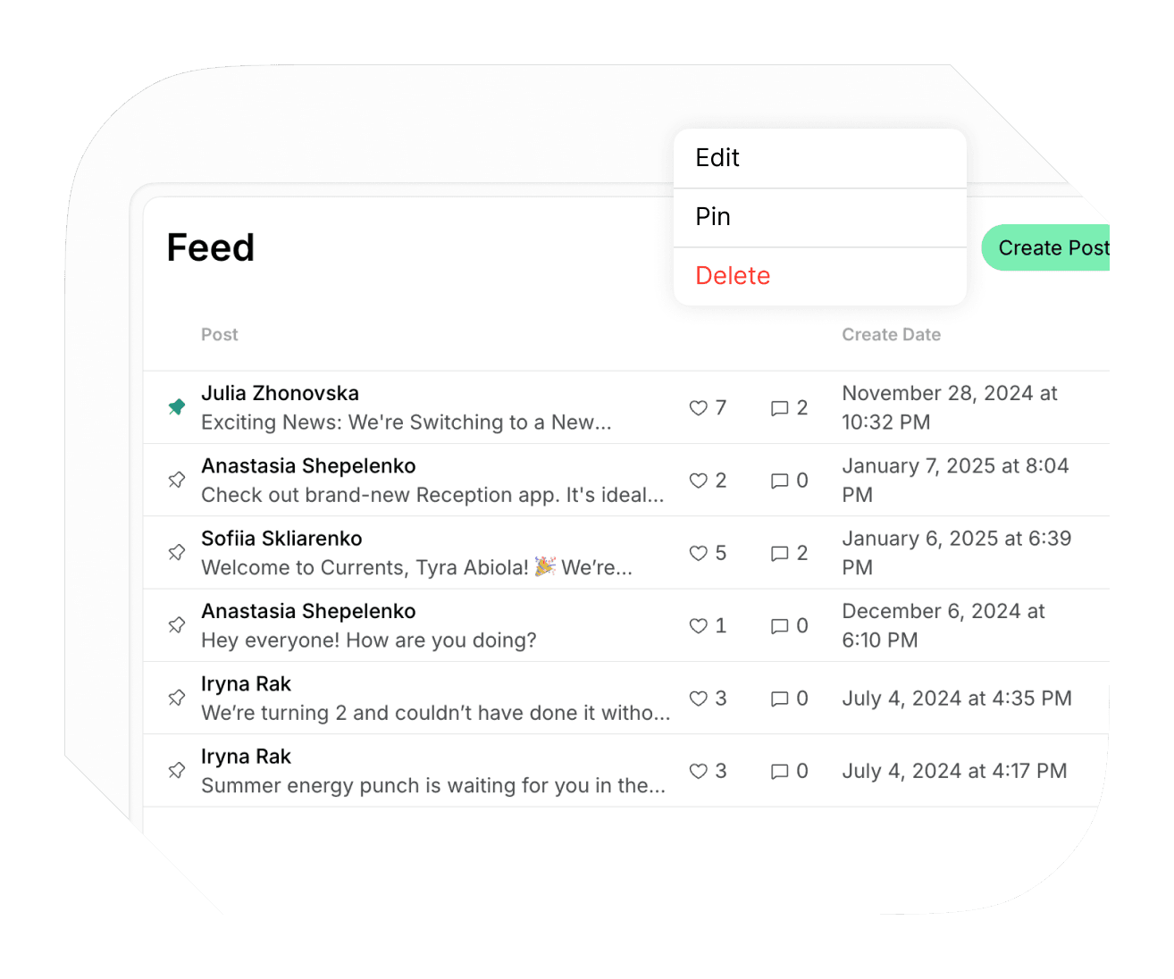 Feed curation on Spacebring coworking space management software