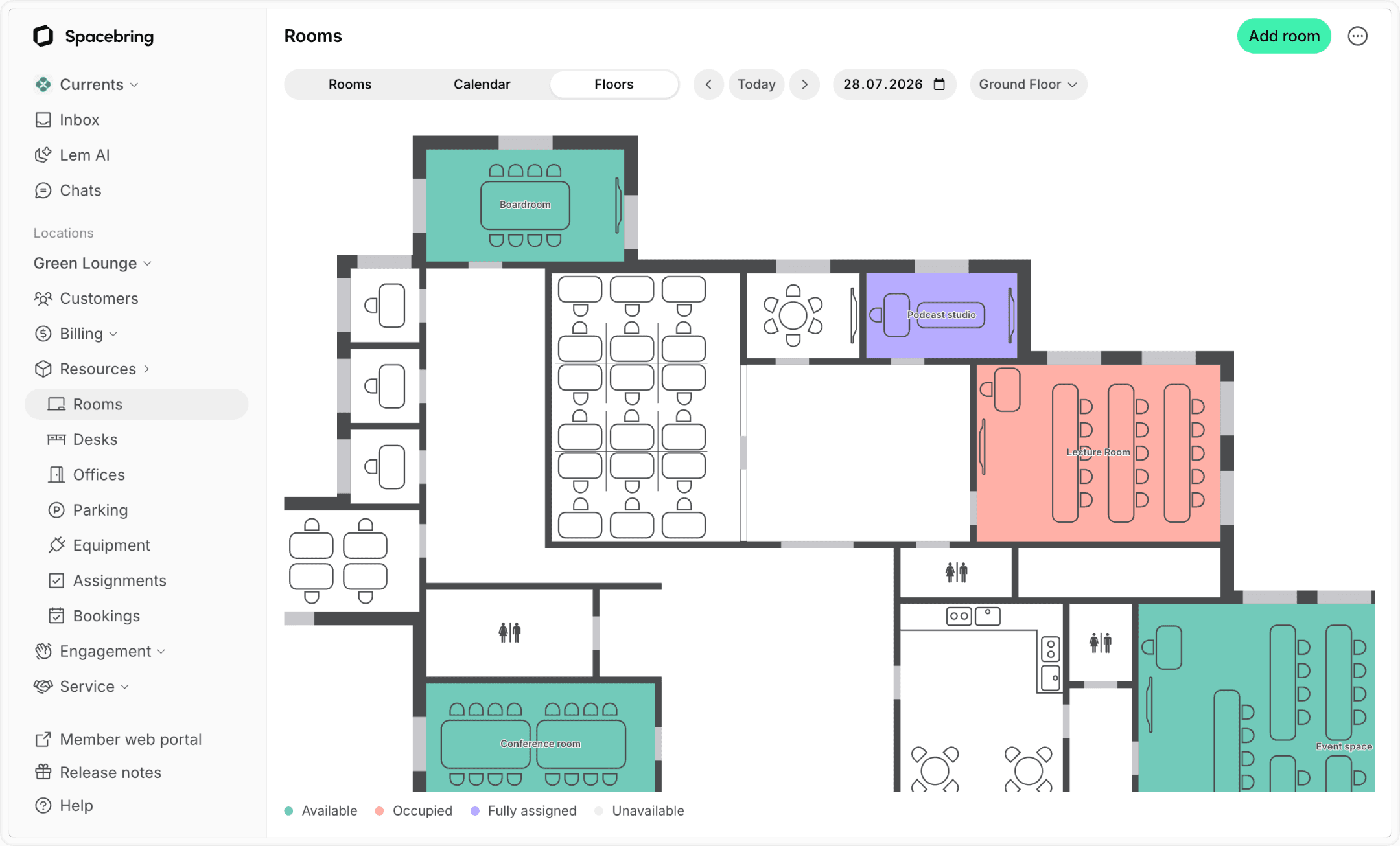 Floor plans for co-working space booking