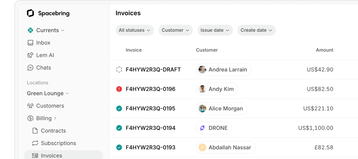 Invoicing at Spacebring coworking space management software