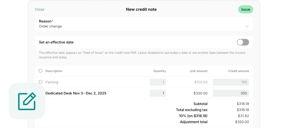 Credit notes at Spacebring coworking space management software