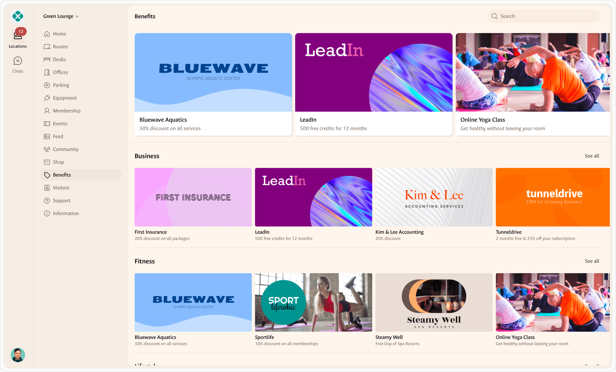 Member benefits catalog in the Spacebring member web portal