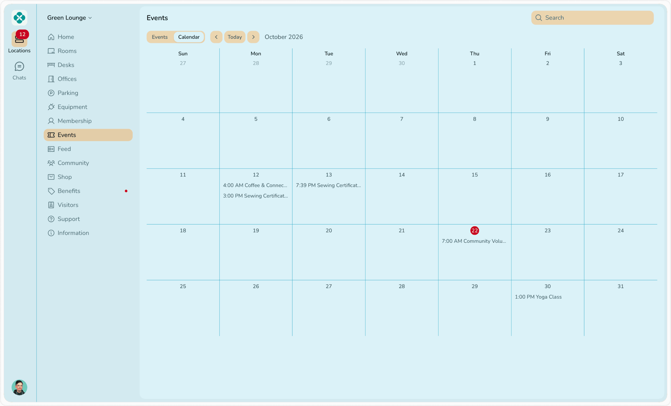 Coworking events calendar in the Spacebring member web portal