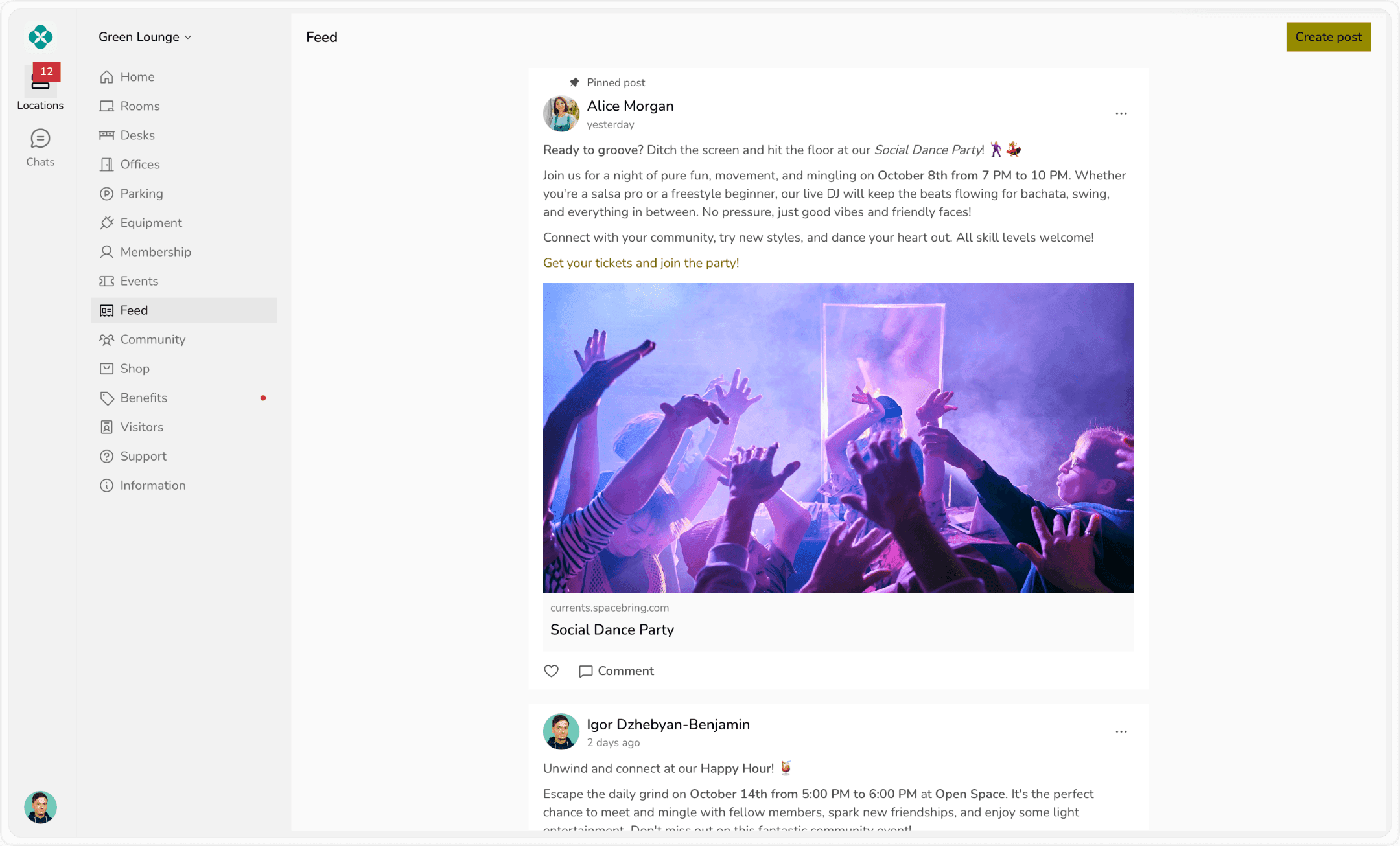 Community feed with member posts in the Spacebring member web portal
