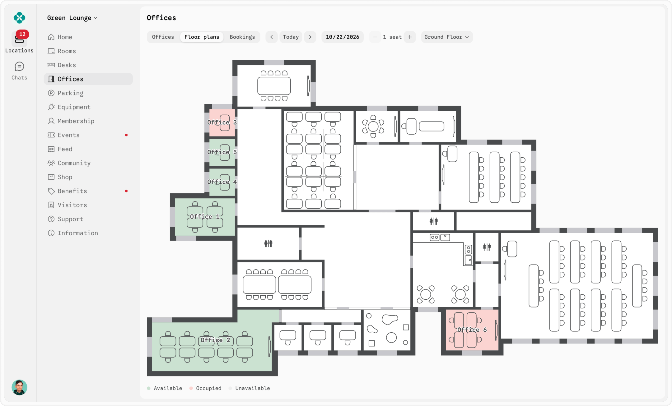 Booking a private office on a floor plan in the Spacebring member web portal