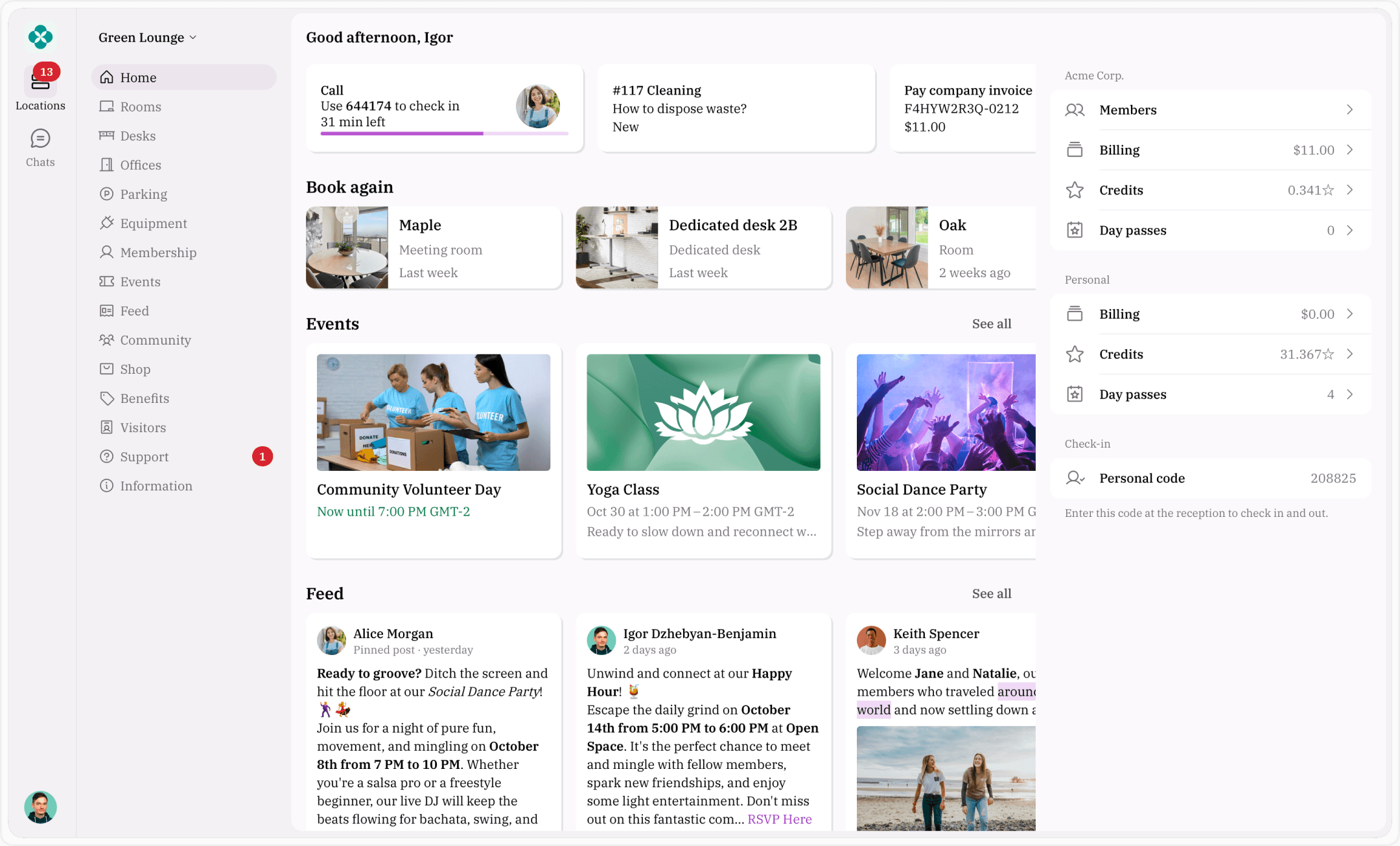 Member web portal home with a check-in code, recent bookings, events, and feed
