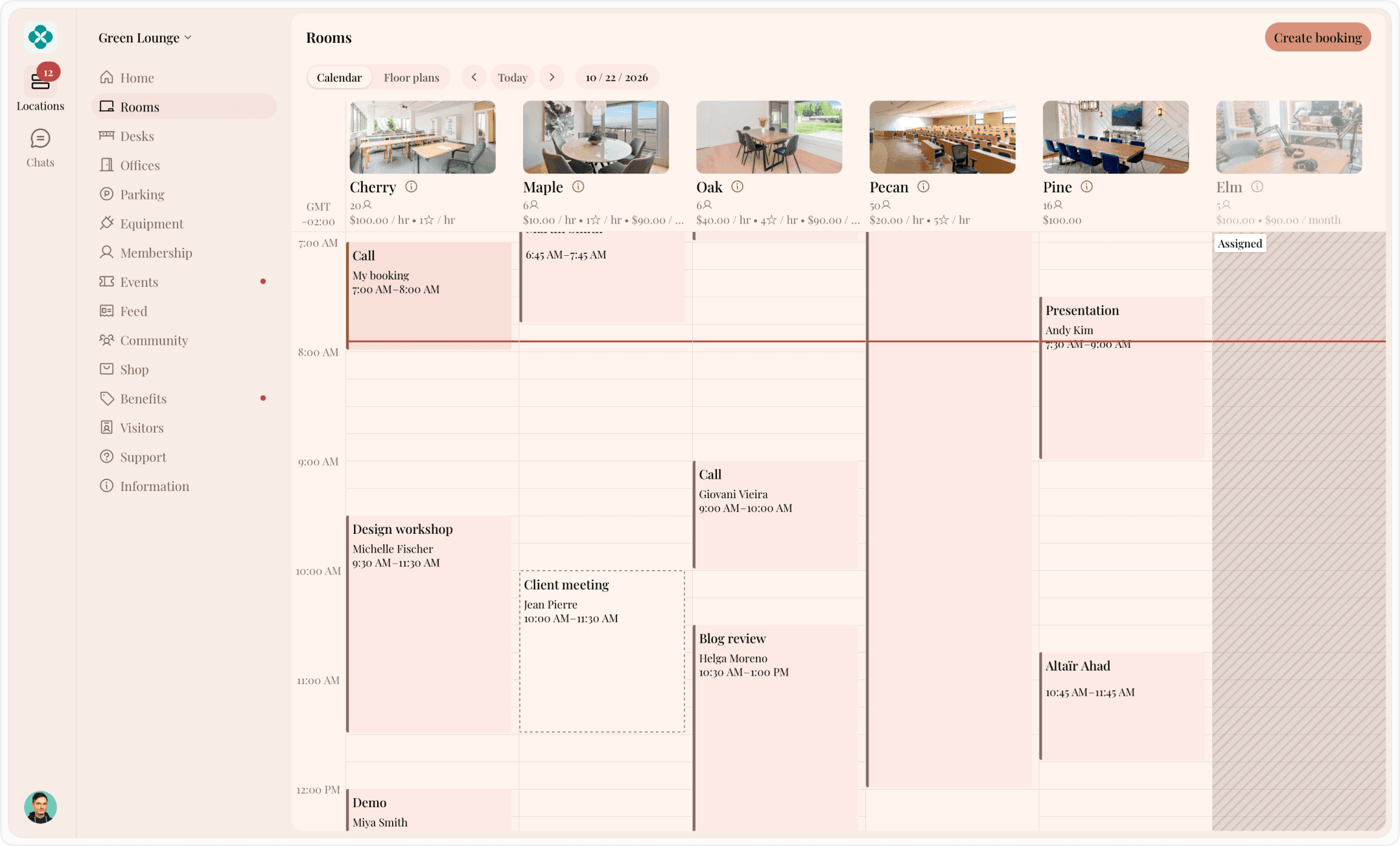 Booking a meeting room from the calendar in the Spacebring member web portal