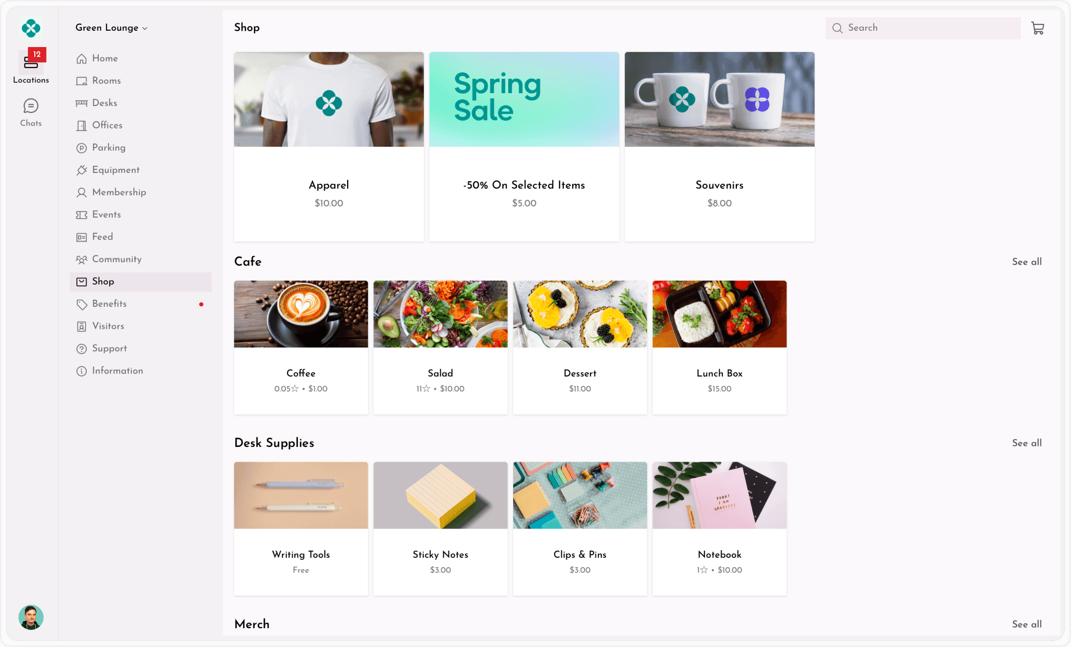 Shop with cafe items and desk supplies in the Spacebring member web portal