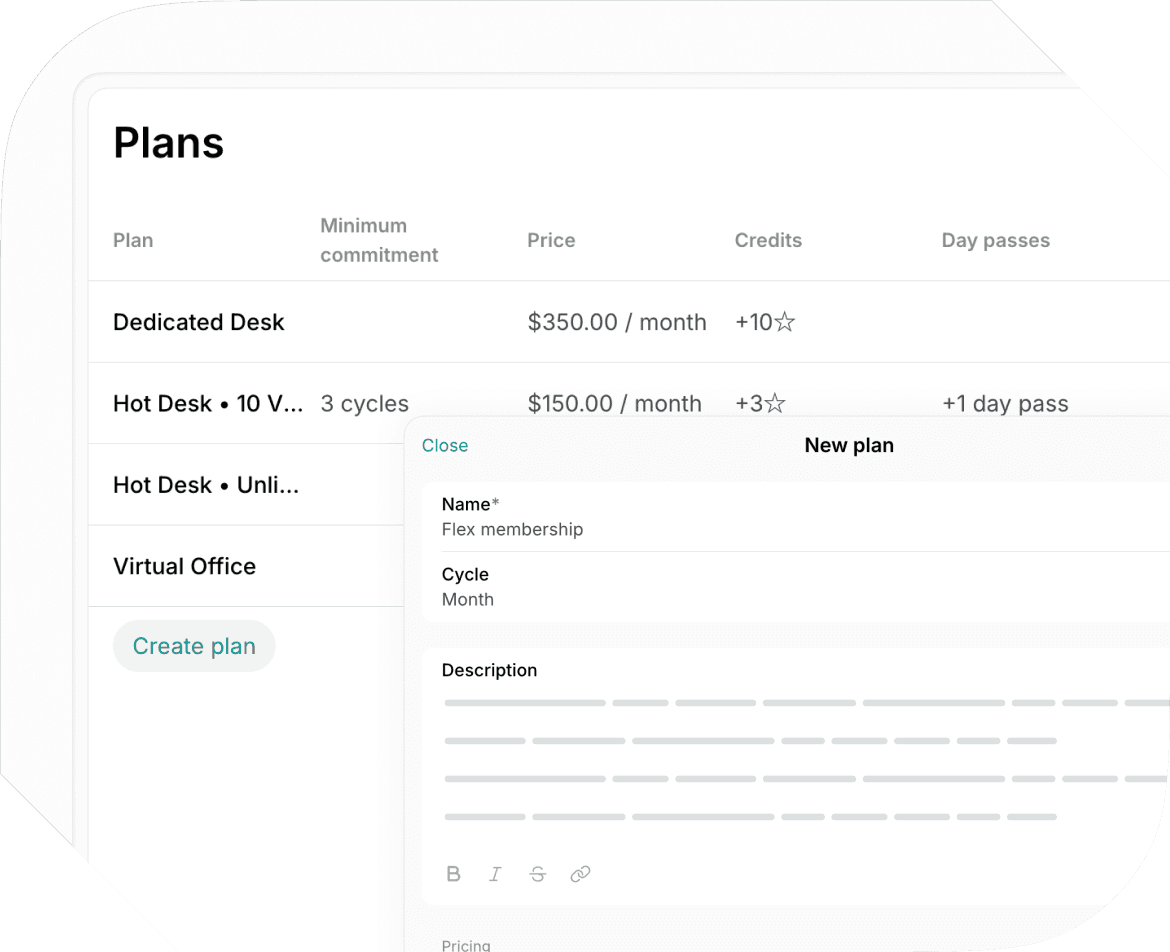 Membership plans on Spacebring coworking space management software