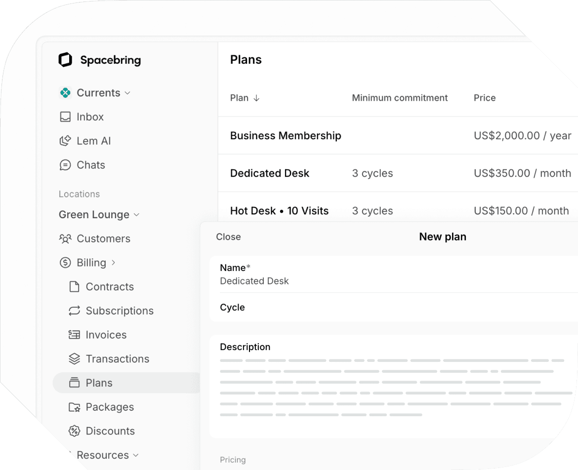 Membership plans on Spacebring coworking space management software