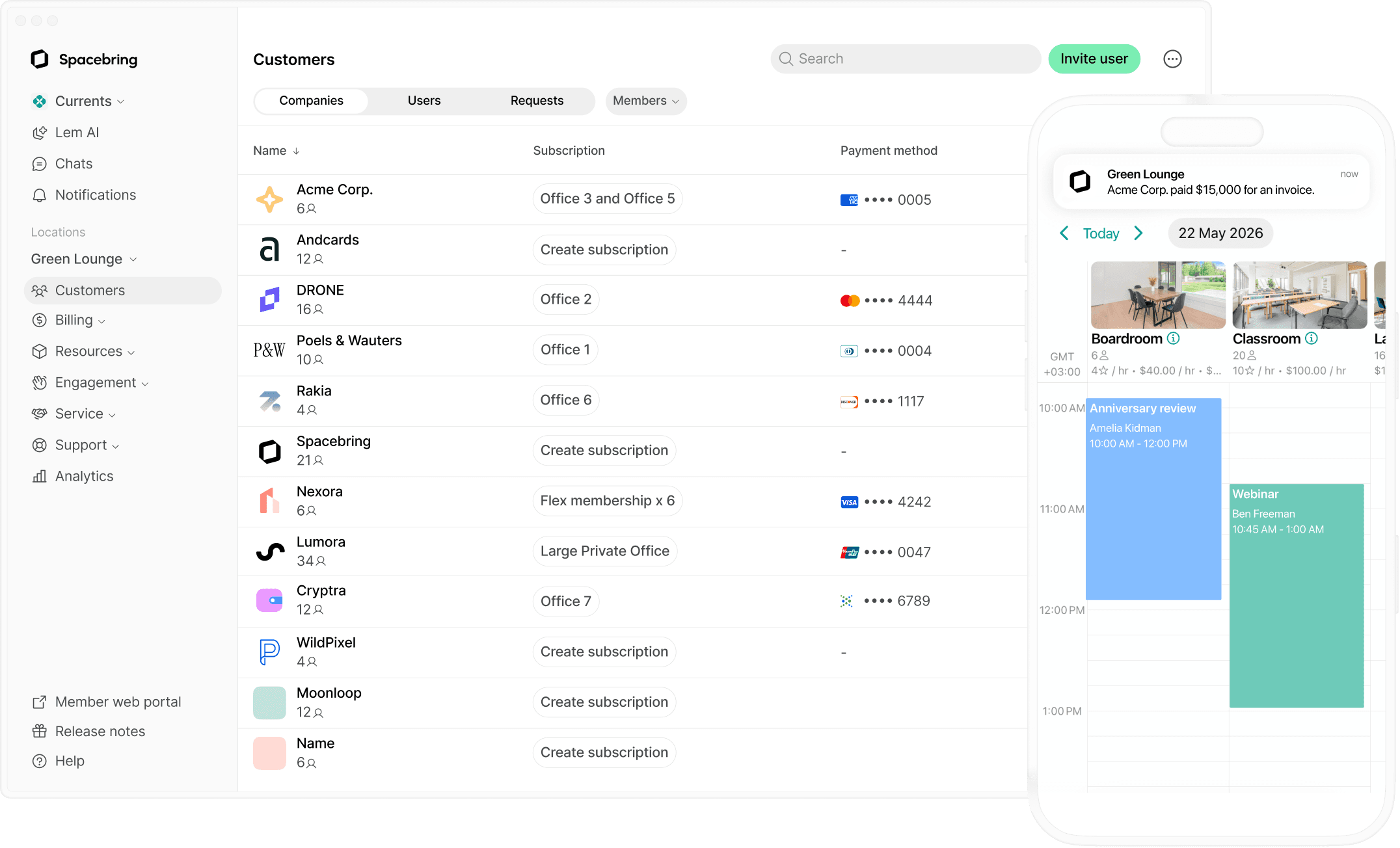 Bookings in Spacebring coworking space management software