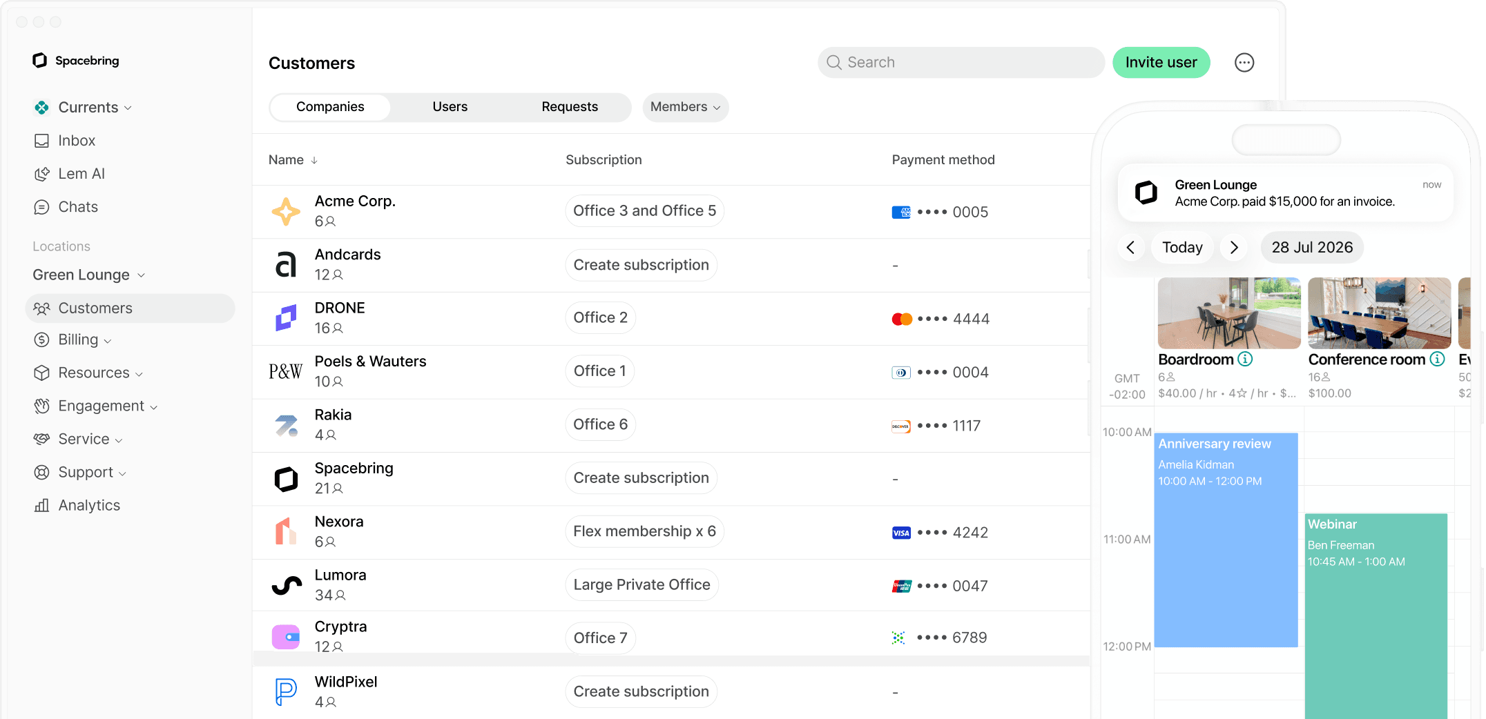 Bookings in Spacebring coworking space management software