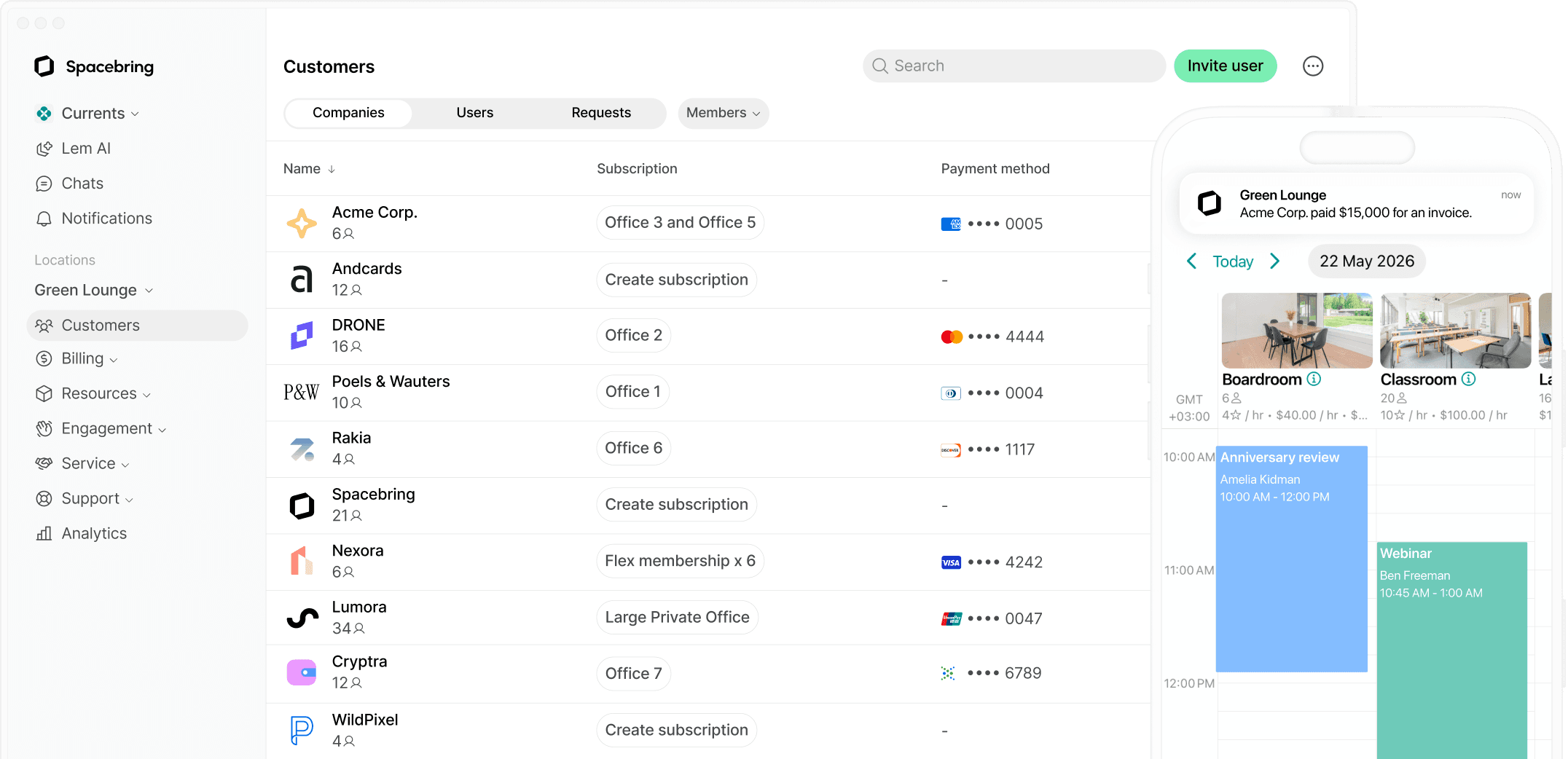 Bookings in Spacebring coworking space management software