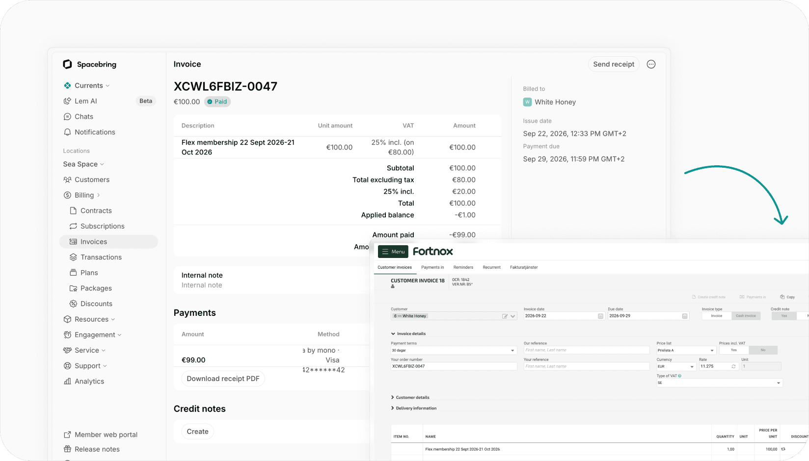 Spacebring invoice syncing to Fortnox
