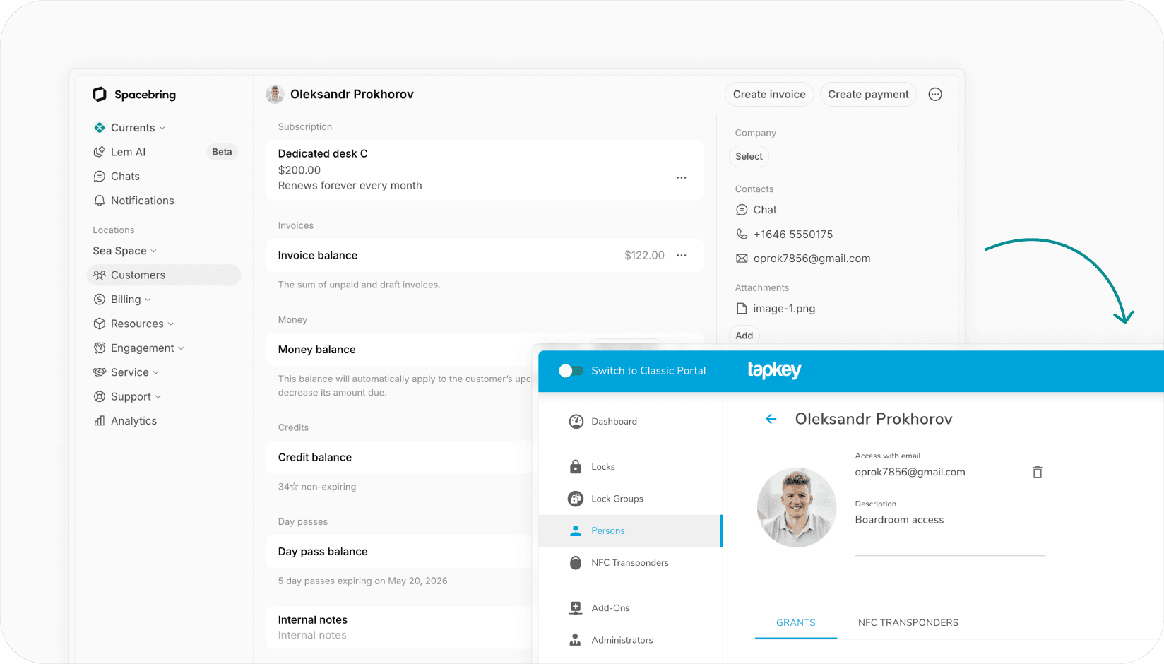 Spacebring coworking space software integration with Tapkey access control system