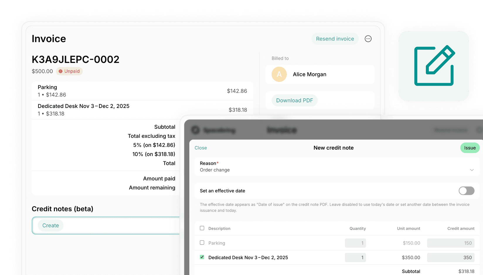 Prepaid credit notes, account history, and money balance
