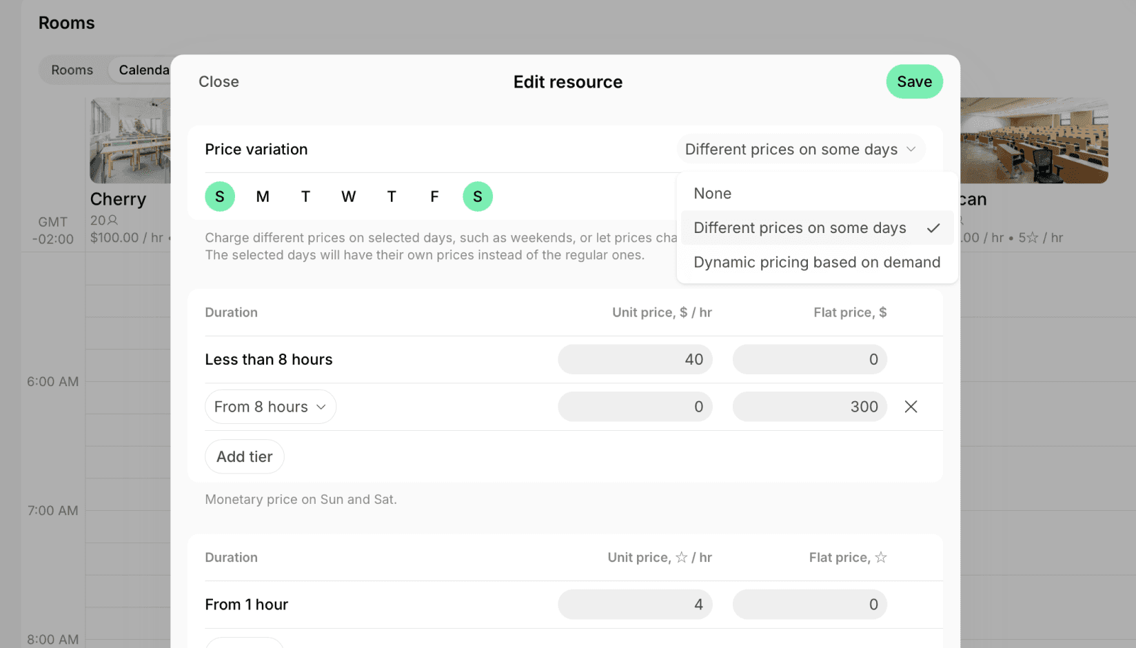 Price variation set to Different prices on some days when editing a resource