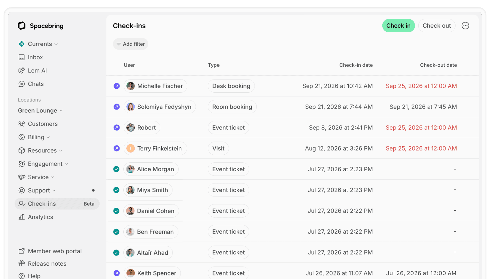 Check-ins for bookings, events, visits, and subscriptions