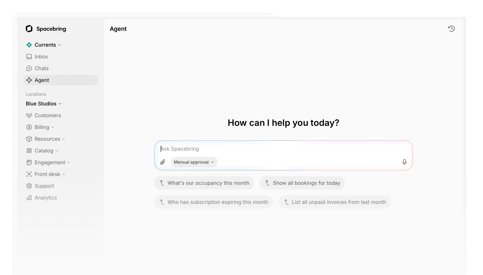 Spacebring Agent chat in the admin web portal asking How can I help you today?, with suggested questions and the microphone in the message field