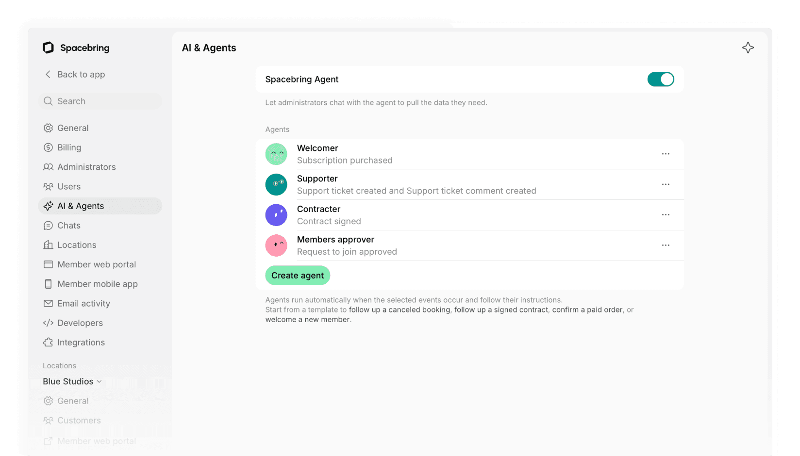 AI & Agents settings with the Spacebring Agent switch on and a list of agents