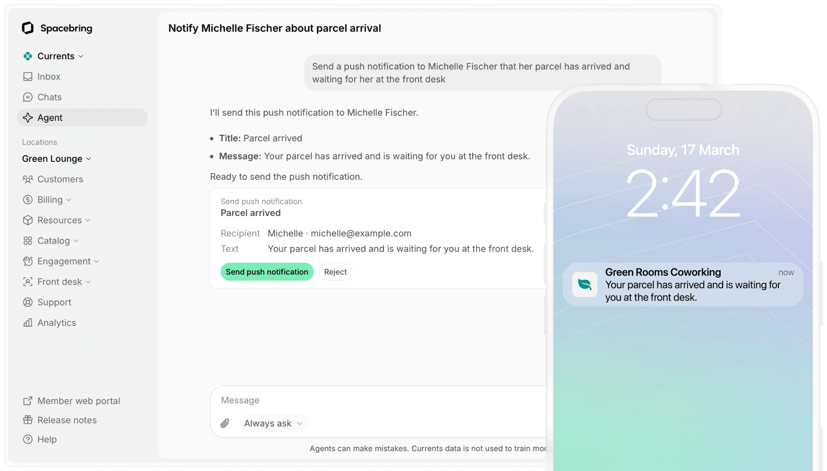 Agent sending a push notification to a member, and the notification on the member's phone