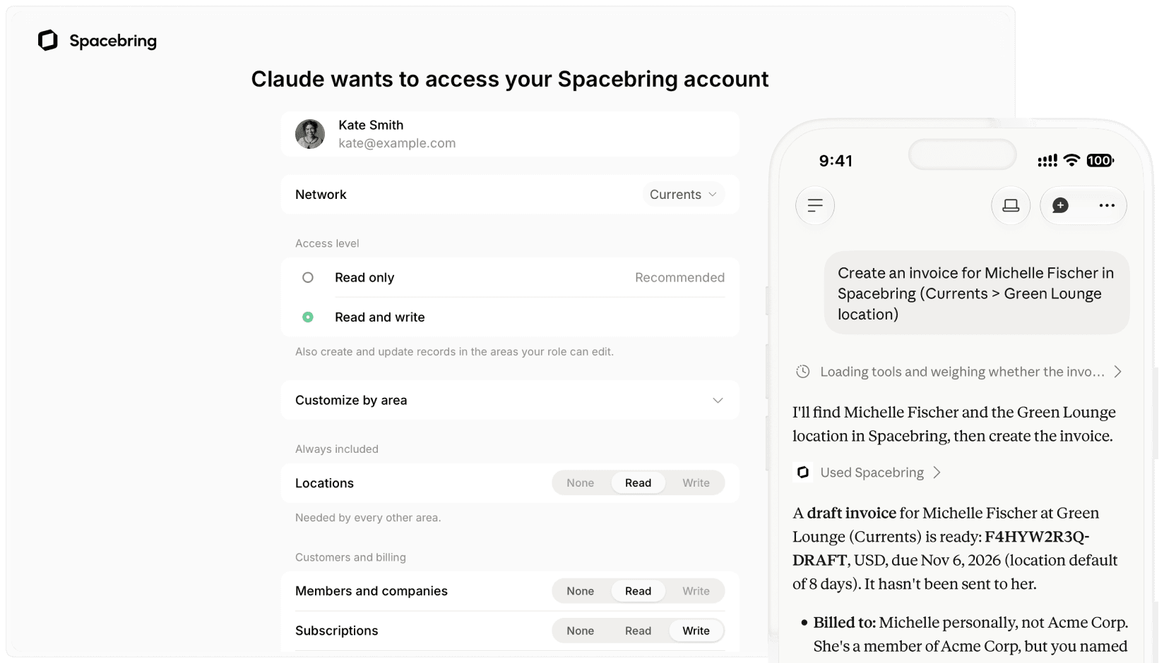 Choosing which Spacebring areas an AI assistant can read or change, and the assistant creating a draft invoice